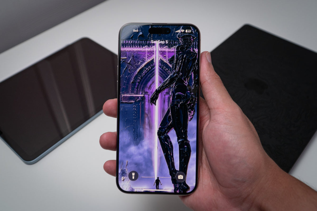 Violet cathedral figure with light beam, wallpaper on an iPhone lock screen