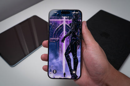 Violet cathedral figure with light beam, wallpaper on an iPhone lock screen
