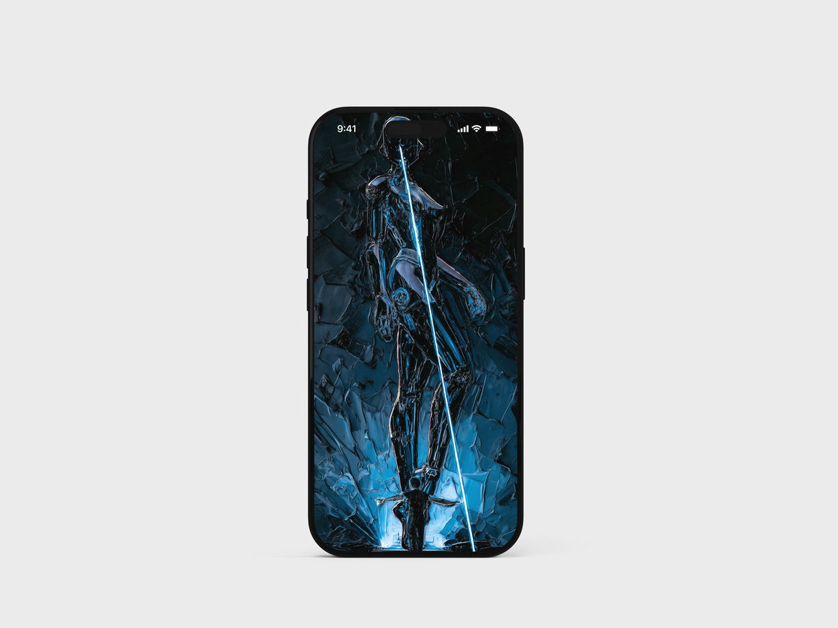 AHTD Pack — dark chrome figure with a blue light beam on an iPhone
