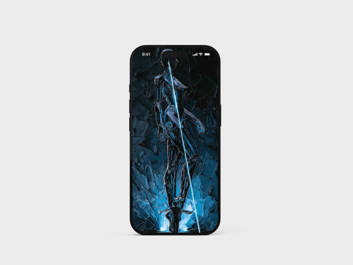 AHTD Pack — dark chrome figure with a blue light beam on an iPhone