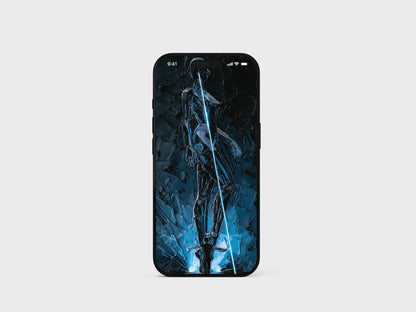 AHTD Pack — dark chrome figure with a blue light beam on an iPhone