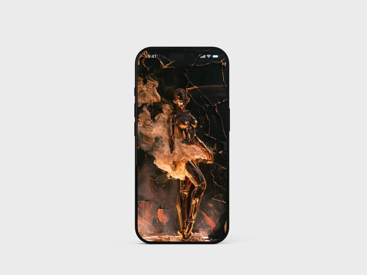 AHTD Pack — molten-gold figure in flame on an iPhone