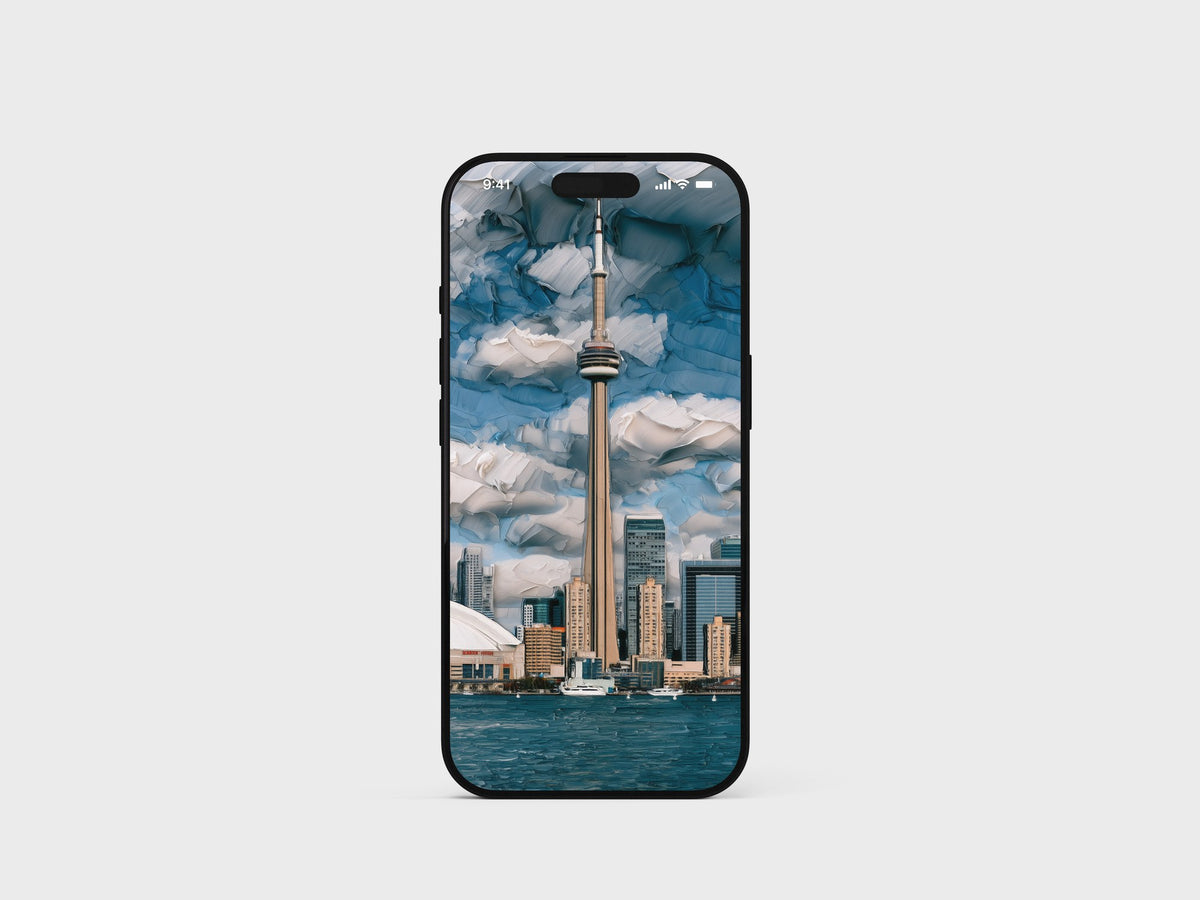CN Tower over a painterly cloudscape and harbour on an iPhone