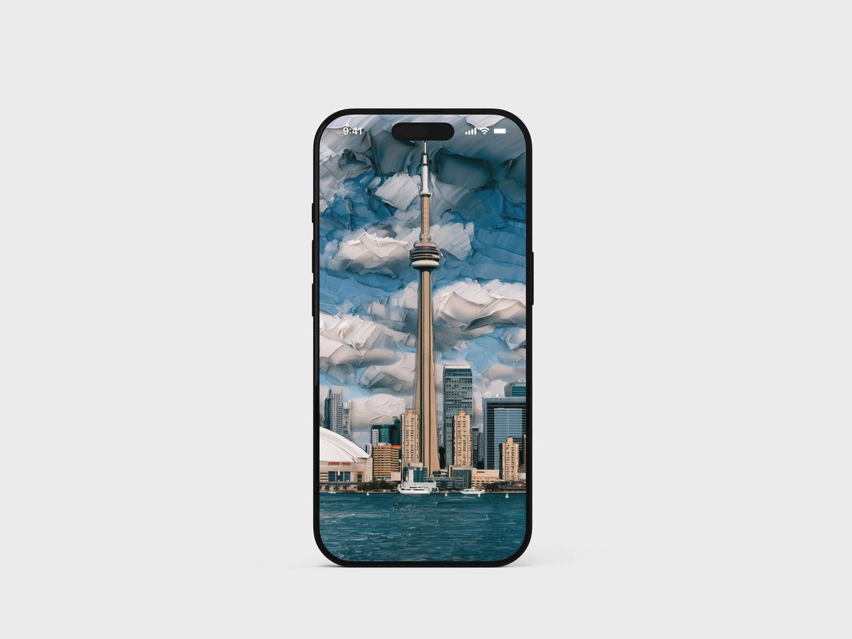 CN Tower over a painterly cloudscape and harbour on an iPhone