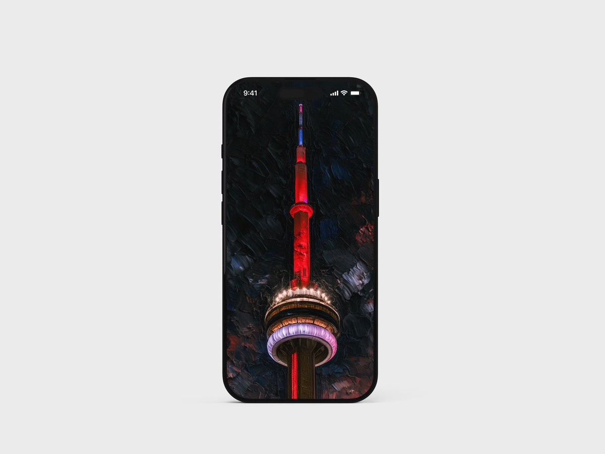 CN Tower lit red at night on an iPhone