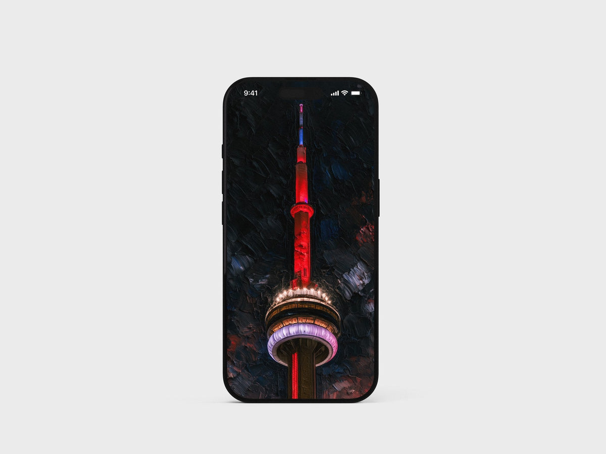 CN Tower lit red at night on an iPhone
