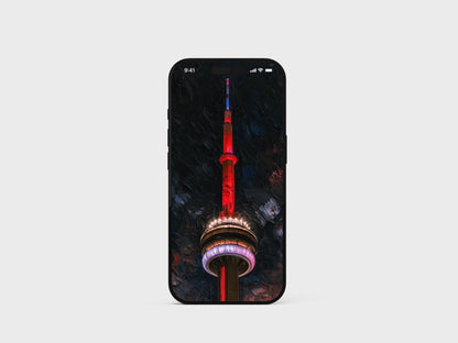 CN Tower lit red at night on an iPhone